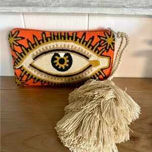 Wayuu Tribe Orange, Cream & Black Embroidered Eye Clutch with Tassel